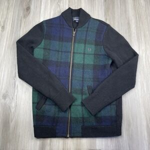 Fred Perry Knitted Wool Tartan Plaid Full Zip Mock Neck Sweater  Women Size US 4
